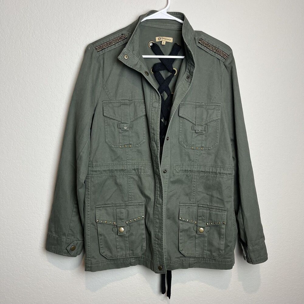 Democracy Jacket Womens M Green 100% Cotton Military Snap Front Studded Lace Up